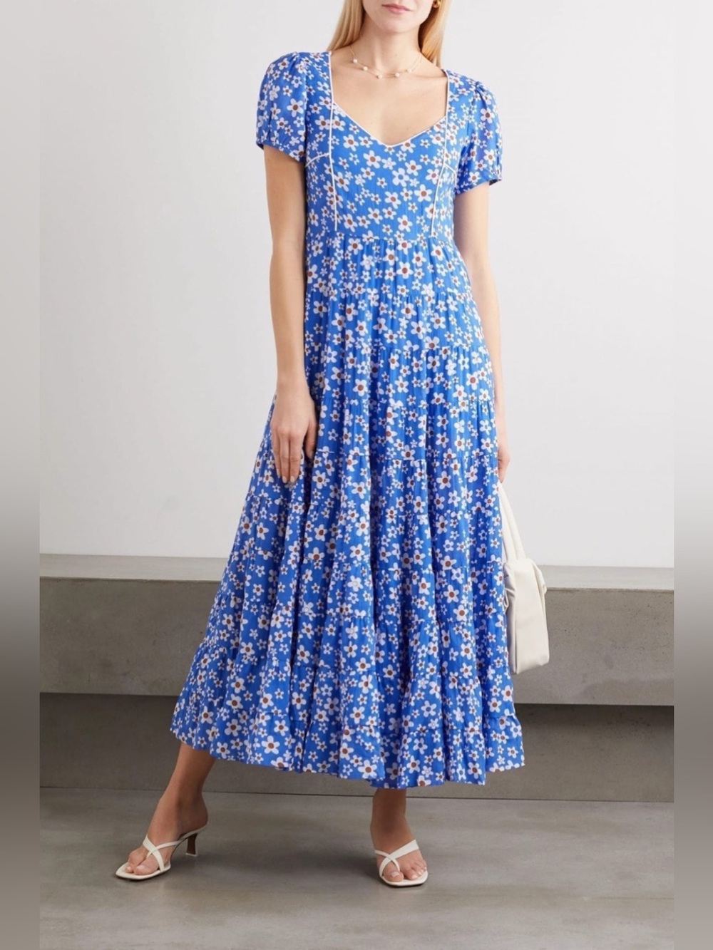 Rixo Tamara, large, blue with daisies maxi tiered dress RARE